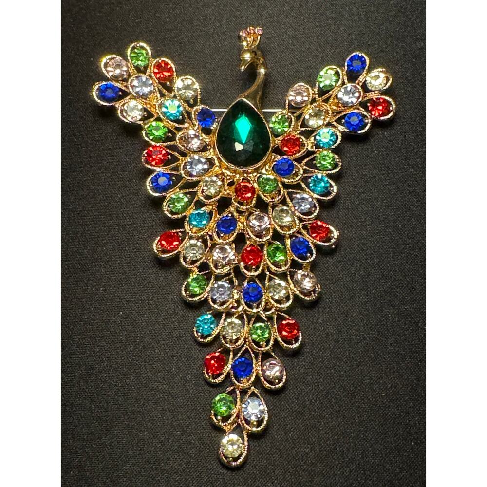 Large Multicolored Rhinstone Articulated Peacock Brooch